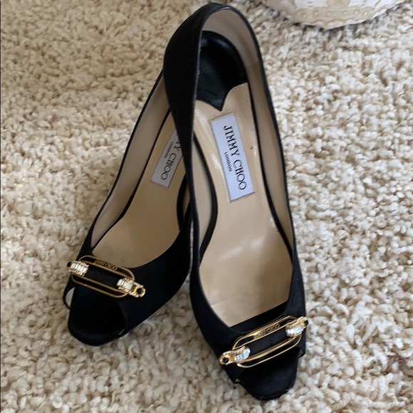 Jimmy Choo Shoes - Jimmy Choo Peep Toe Black Heels with Gold Hardware